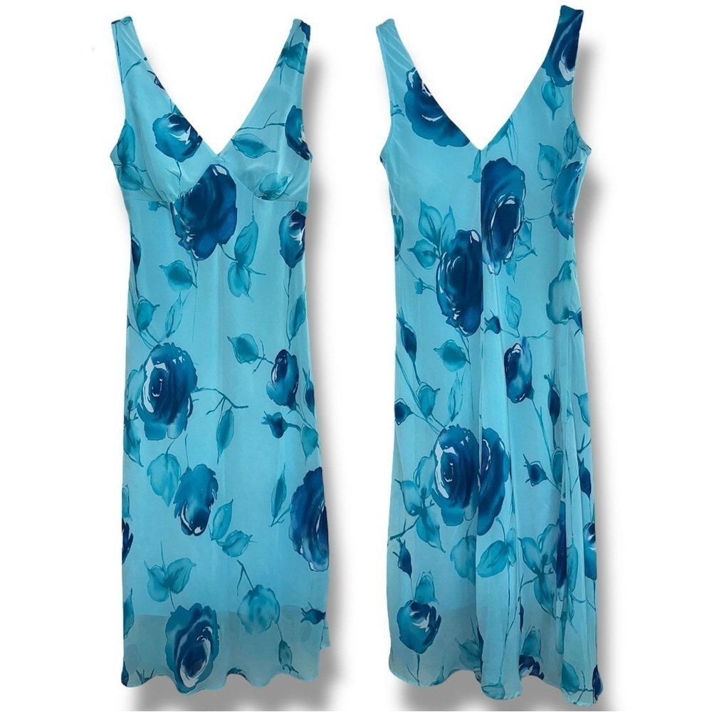 Y2k Johnnie M 90s Babydoll Floral Midi Dress Blue Roses vintage